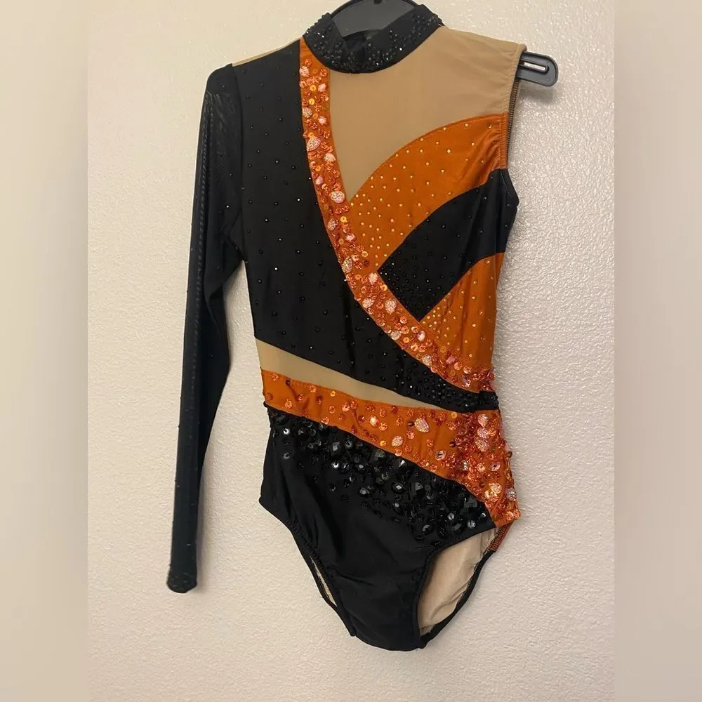 Glamour solo dance costume orange black one sleeve rhinestones MA medium adult